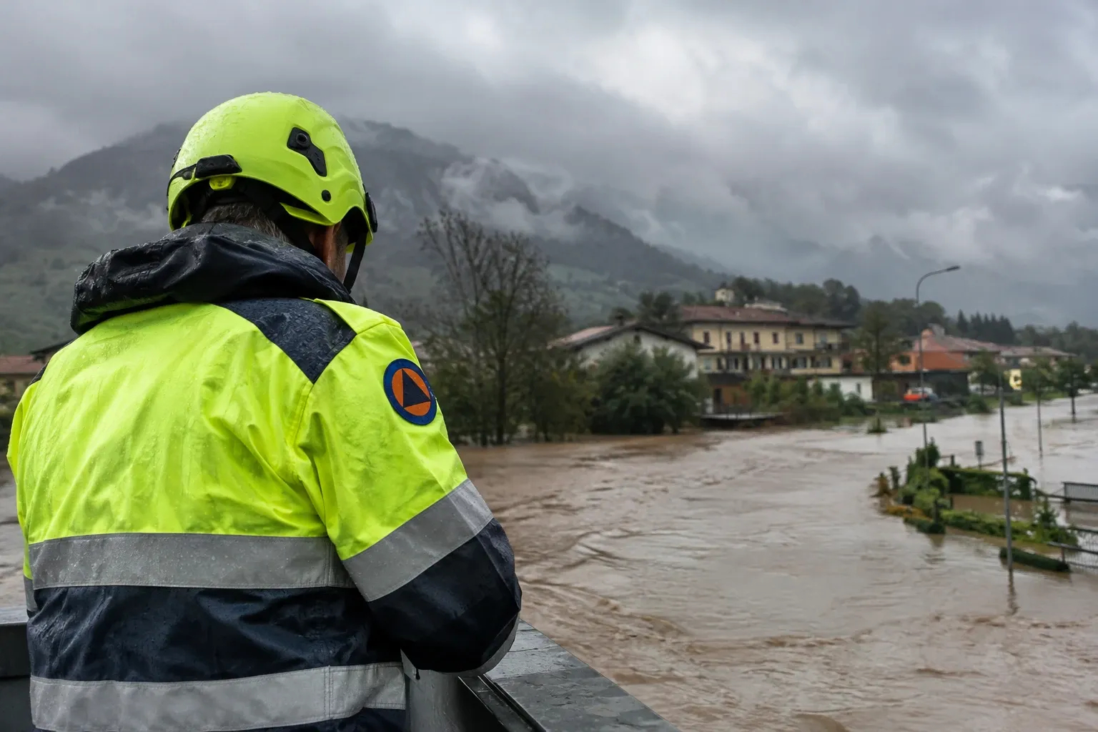 Operatore della protezione civile in giacca fluorescente osserva fiume in piena e paesino